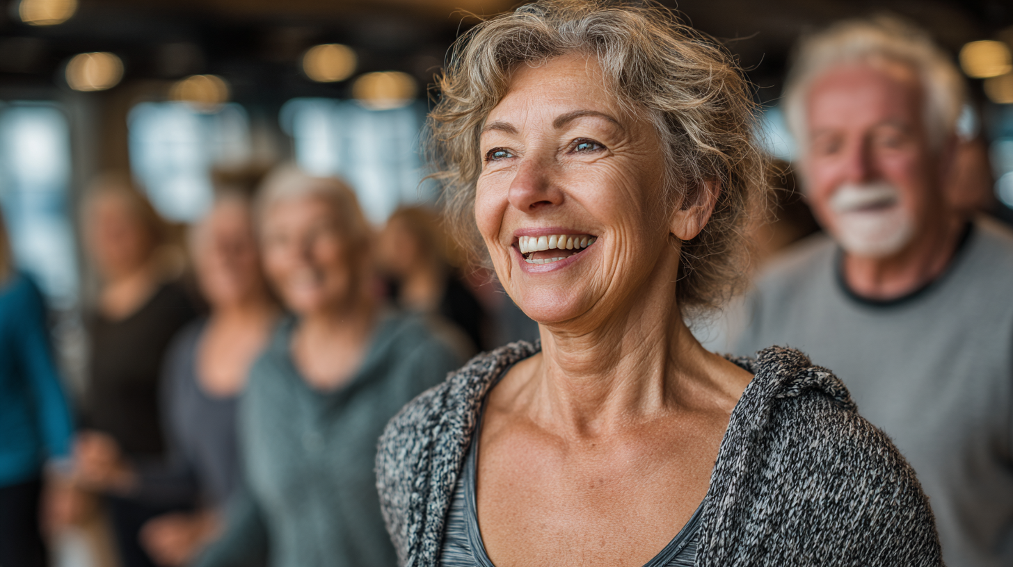Пожилі люди займаються фітнесом під керівництвом інструктора